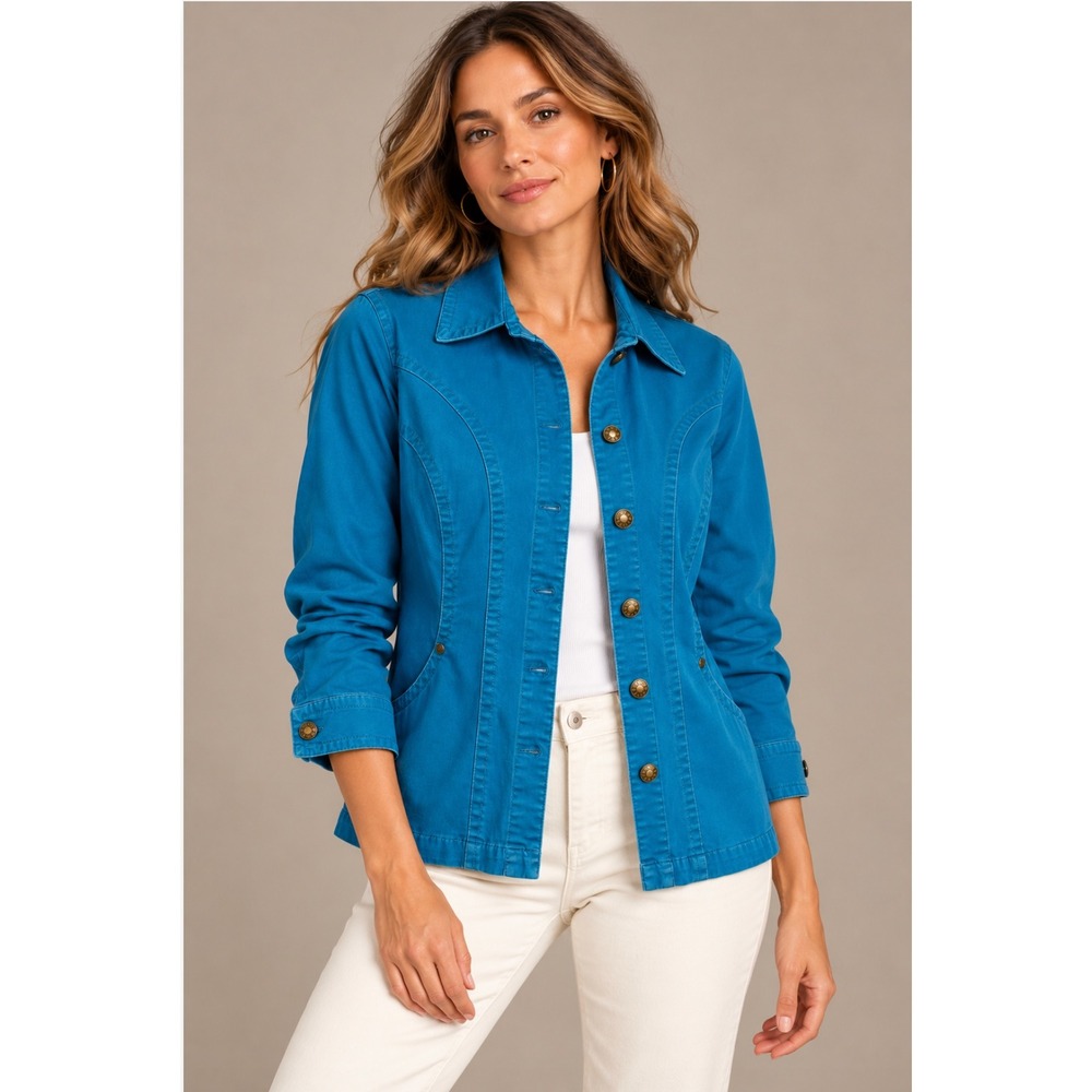 Christopher & Banks Jacket Large Teal Blue Button Front Utility Casual Classic